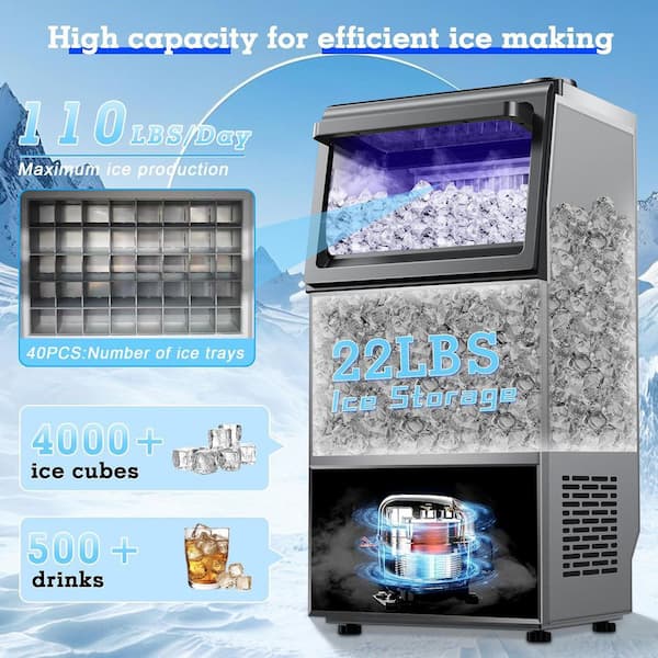 13.78 in. 110 lbs./Day Commercial Freestanding/Built-In Full Size Cubes Ice Maker in Stainless Steel with 2-Water Inlet