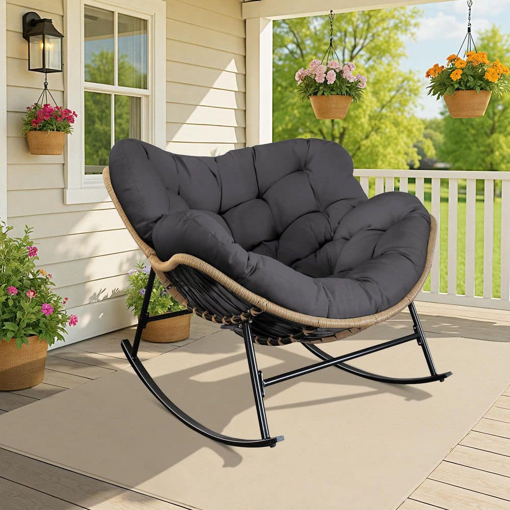 FINCATI Oversized Beige PE Wicker Outdoor Rocking Chair
