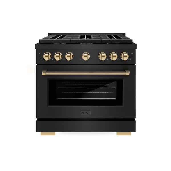 Autograph 36 in. Paramount Gas Range with 6 Burners and Convection Gas Oven in Black Steel with Gold Helix Handle