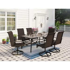 Black 7-Piece Metal Patio Outdoor Dining Set with Wood-Look Umbrella Table and Brown Rattan High Back Swivel Chairs