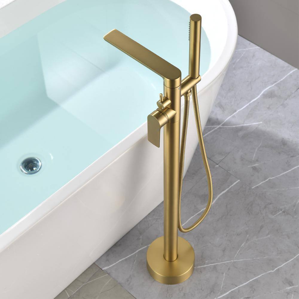 Brushed Gold Freestanding Tub Filler Faucet with Handheld Shower