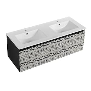 48 in. W Floating Wall-Mounted Bath Vanity in Piano with White Double Bowl Ceramic Top