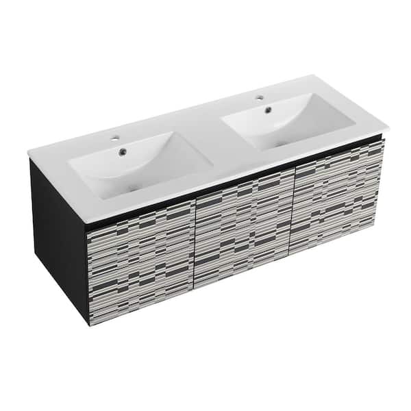 Sarlai 48 in. W Floating Wall-Mounted Bath Vanity in Piano with White Double Bowl Ceramic Top