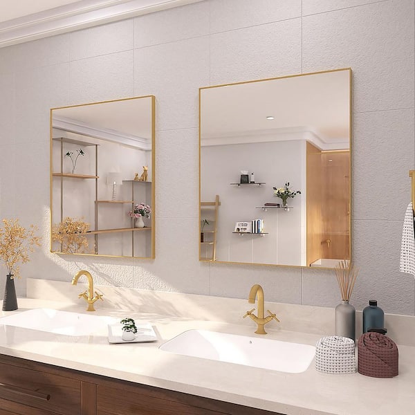 36 in. W x 30 in. H Rectangular Framed Wall Bathroom Vanity Mirror in Brushed Gold