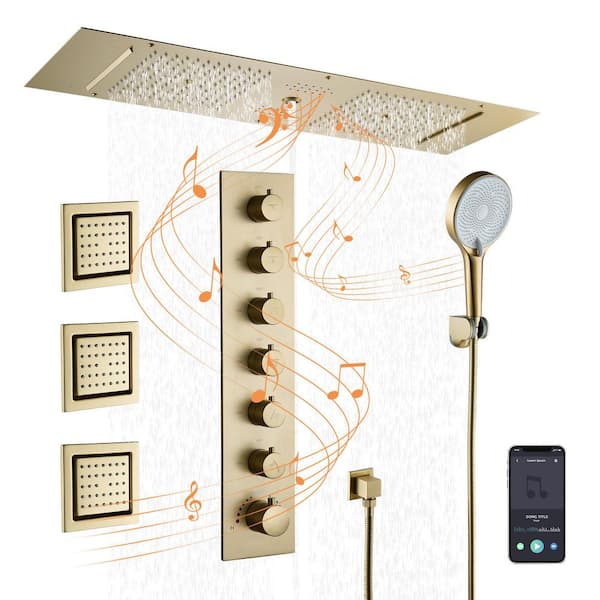 CASAINC Thermostatic 8-Spray Ceiling Mount Dual Fixed and Handheld Shower with Bluetooth Speaker and 3-Body Jets in Brushed Gold