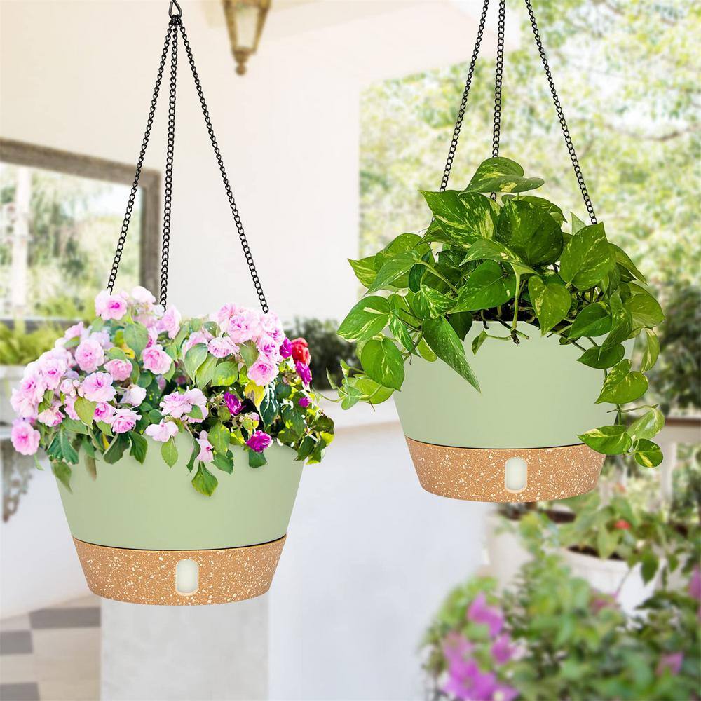 8-inch Green Plastic Hanging Planter with Self-Watering Reservoir, 2-Pack