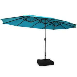 15 ft. Double-Sided Twin Market Patio Umbrella in Turquoise with Crank and Base