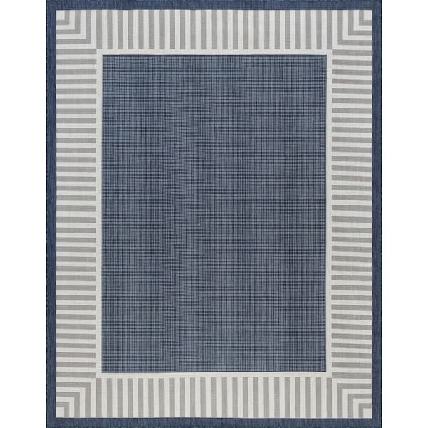 Tayse Rugs Eco Striped Border Navy 8 ft. x 10 ft. Indoor/Outdoor Area Rug