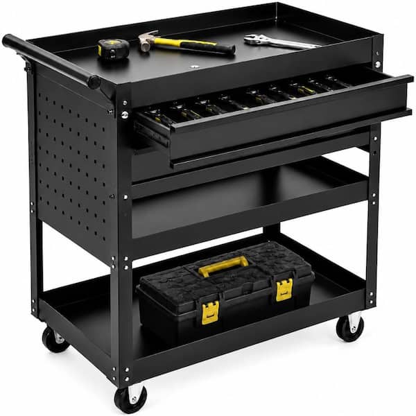 30" Rolling Tool Cart 3-Tier Steel Utility Tool Cabinet with 2 Drawers & Casters for Garage Workshop Warehouse