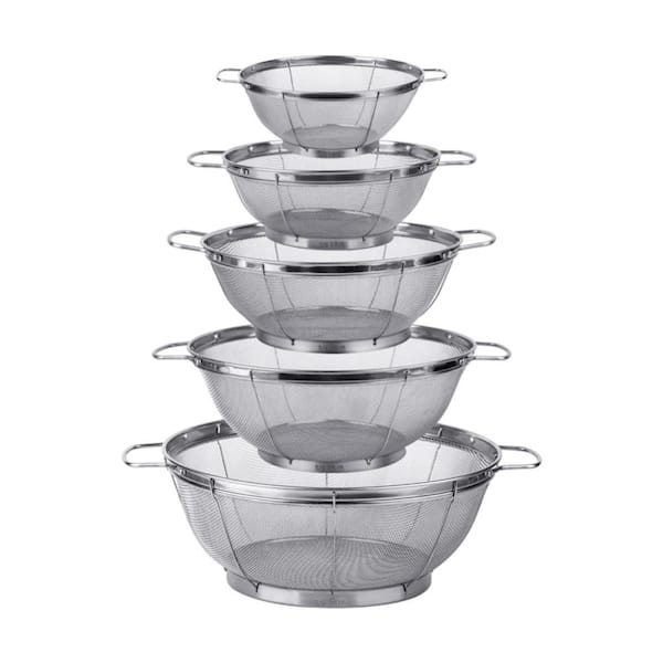 18/8 Stainless Steel Kitchen Colander, Multi Size Mesh Strainer Net Baskets with Handles and Resting Base, Set of 5
