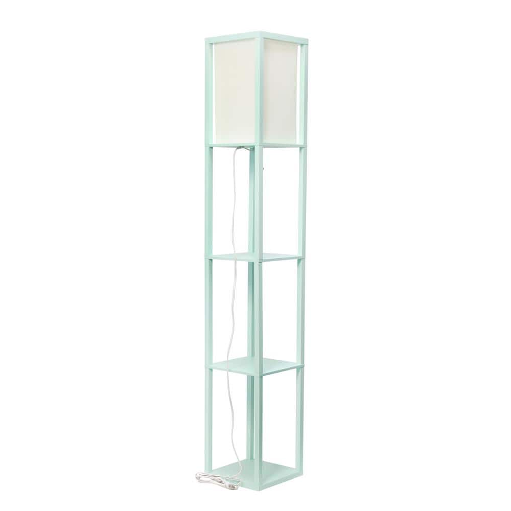 Aqua Transitional Floor Lamp with Linen Shade and Storage Shelf