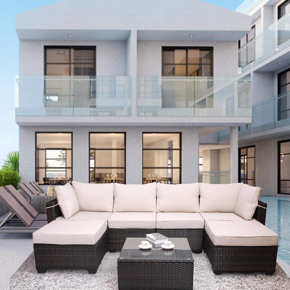7-Piece PE Rattan Wicker Outdoor Garden Patio Sofa Sectional Set with Coffe