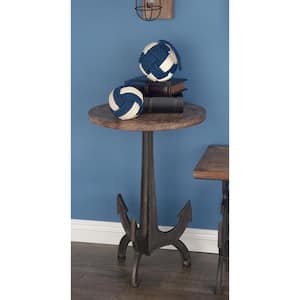 18 in. Black Anchor Large Round Wood End Accent Table with Brown Wood Top