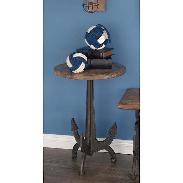 Litton Lane 18 in. Black Anchor Large Round Wood End Accent Table with Brown Wood Top