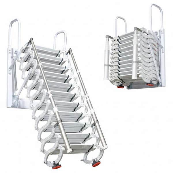 Justincity 12 Step Wall Mounted Folding Loft Ladder Retractable Attic Stairs  with Armrests Telescoping Pull Down System 1119PH012OD - The Home Depot