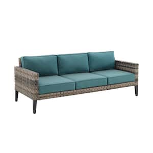 Prescott Brown Wicker Outdoor Couch with Mineral Blue Cushions