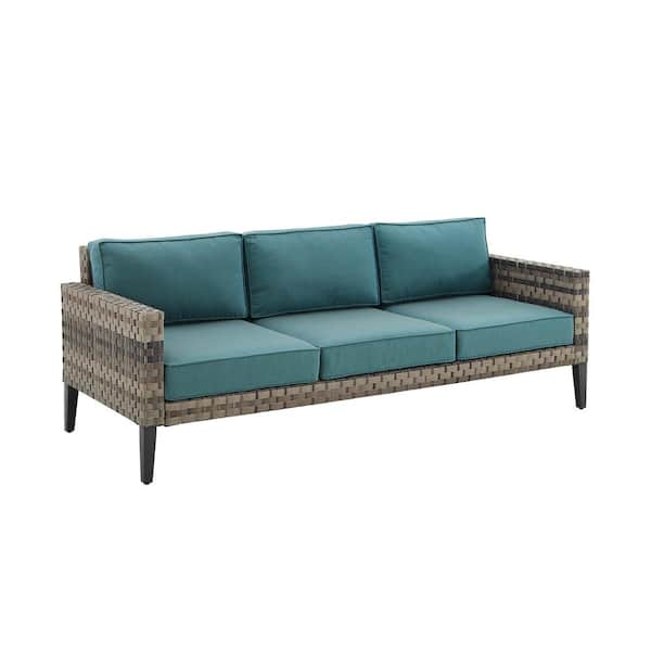 CROSLEY FURNITURE Prescott Brown Wicker Outdoor Couch with Mineral Blue
