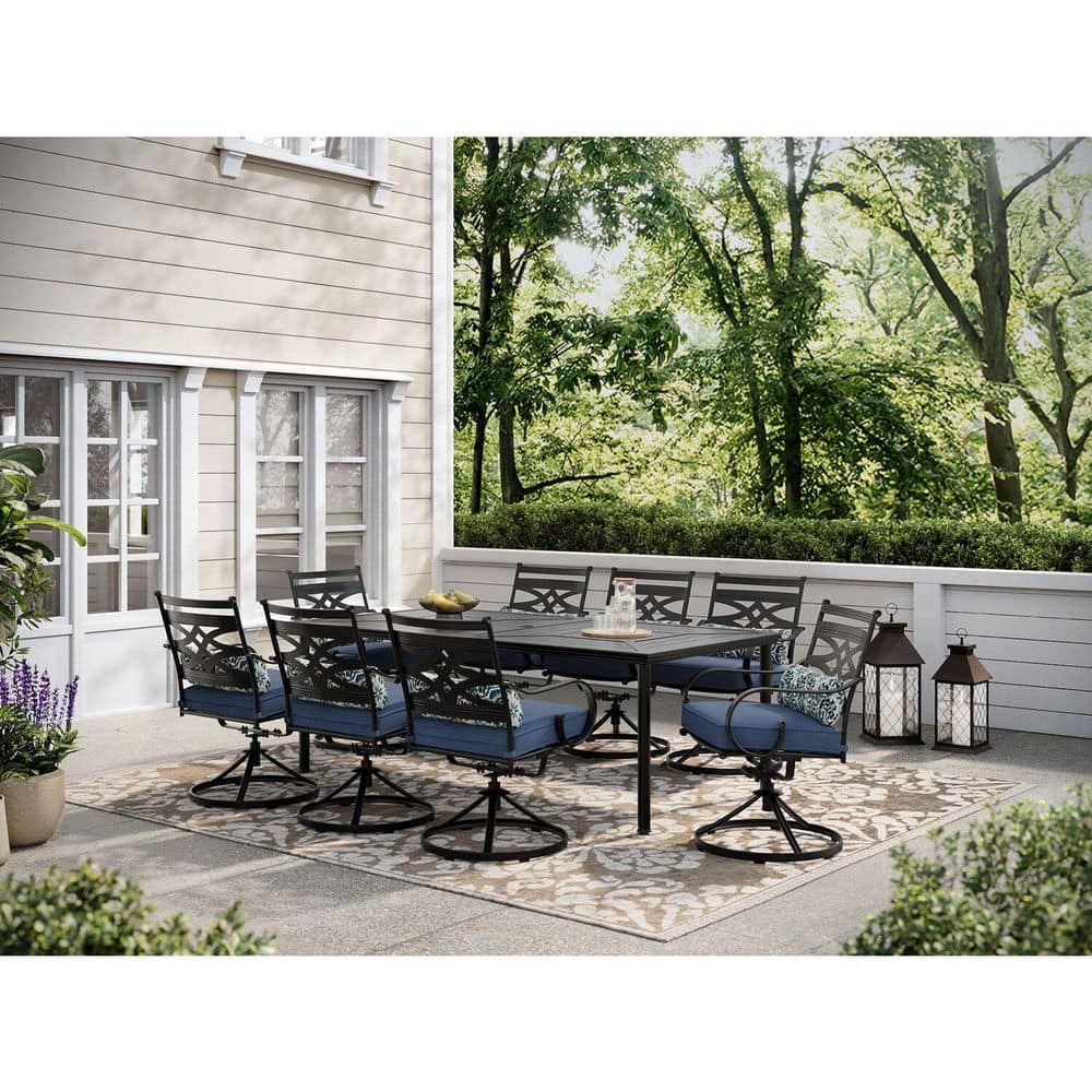 Montclair Navy Blue 9-Piece Steel Outdoor Dining Set with Swivel Rockers