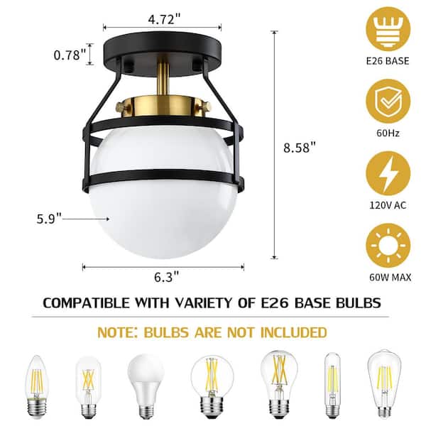 6.3 in. 1-Light Black and Gold Semi-Flush Mount Ceiling Light Fixture with White Opal Glass Globe Shade