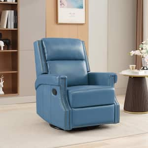 Modern Retro Navy Swivel Genuine Leather Recliner with Nailhead Trim