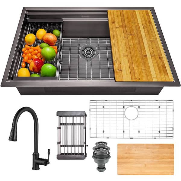 AKDY Matte Black Finish Stainless Steel 33 in. x 22 in. Single Bowl Drop-in Kitchen Sink with Workstation and Accessories