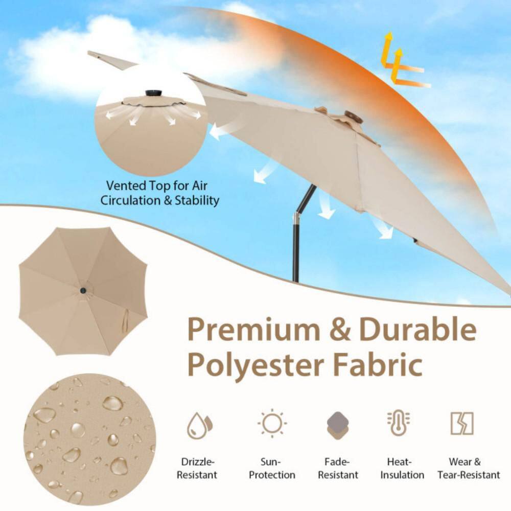 10ft Beige Solar LED Lighted Patio Umbrella with Crank Tilt