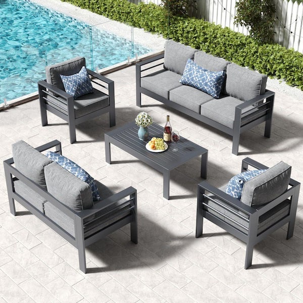 5-Piece Aluminum Outdoor Patio Conversation Set with Gray Cushion