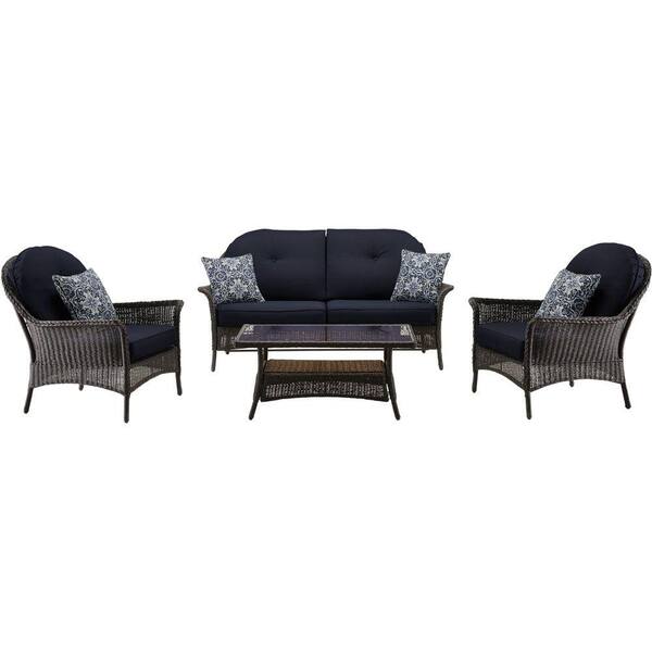 Hanover San Marino 4-Piece All-Weather Wicker Patio Seating Set with Navy Blue Cushions
