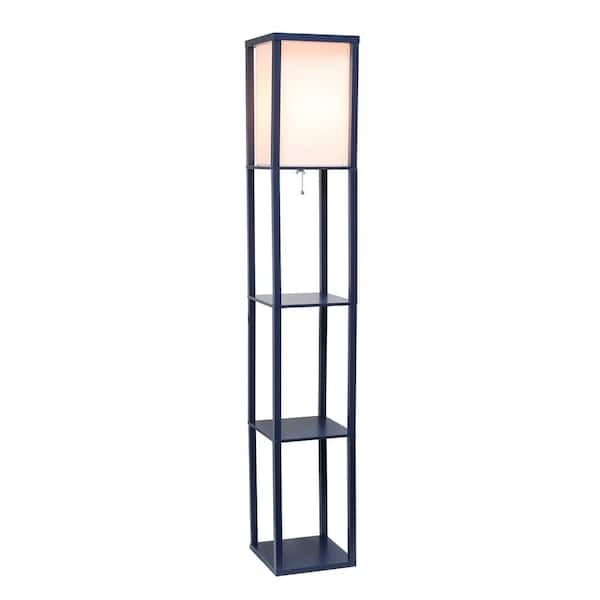 Simple Designs 62.5 in. Navy Blue Three Shelf Standard Floor Lamp with White Linen Shade for Living Room, Bedroom, W/ LED Bulb Included