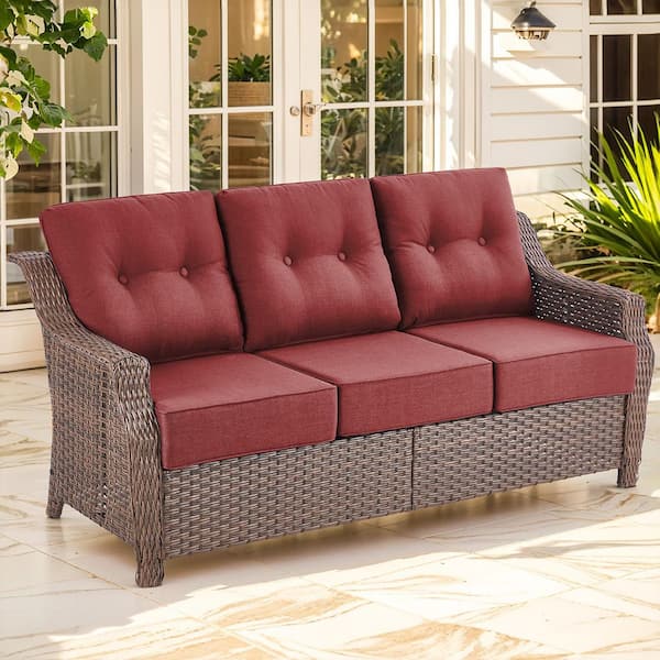 moosprr Modern Farmhouse 3-Seat Brown PE Wicker Outdoor Couch with 6 in. Olefin Red Cushions/Wide Armrest