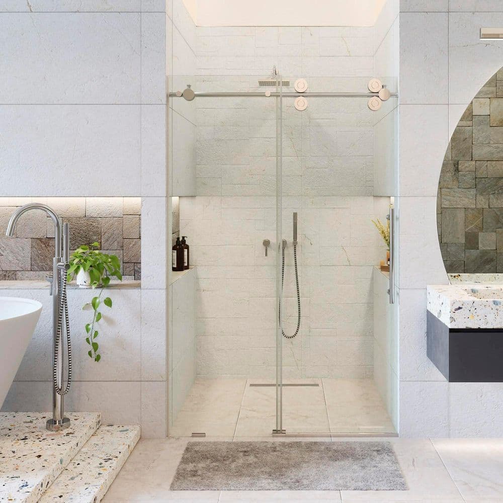 60 in. W x 74.5 in. H Sliding Frameless Shower Door in Satin Nickel Finish with Tempered Clear Glass price history on PriceWatchPro