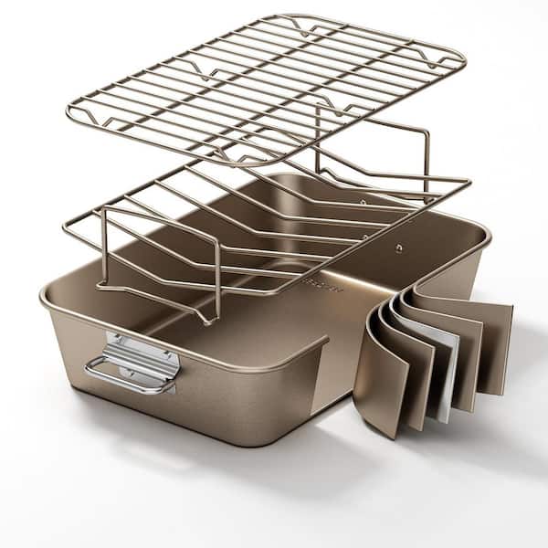 9 qt. Gold Carbon Steel Non-Stick Roasting Pan with Rack, Baking Broiler Pan for Oven Chicken, Bacon, Dishwasher Safe