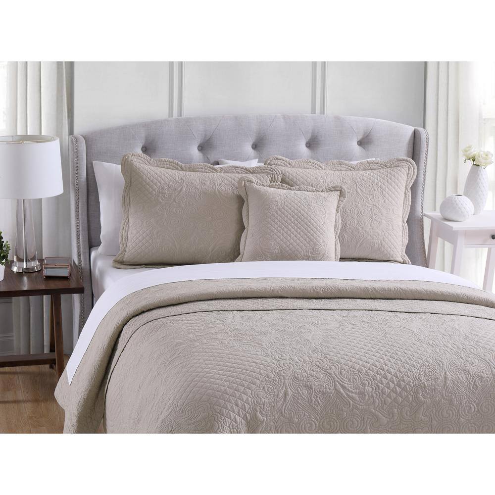 Tan Cotton Twin Quilt Set with Textured Shams