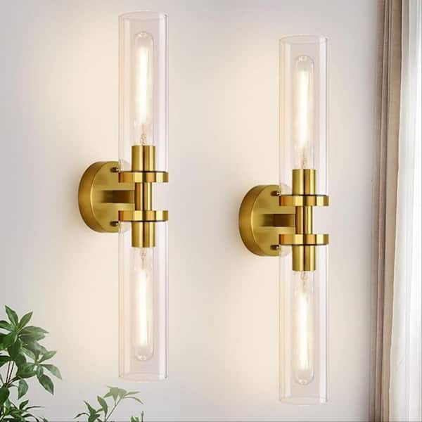 21.7 in. 2 Lights Gold Wall Sconce, Wall Mount LED Vanity Light Fixture with Shade for Bathroom Mirror