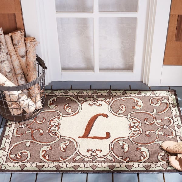 Monogram Mocha 3 ft. x 4 ft. "L" Ornate Floral Indoor/Outdoor Area Rug
