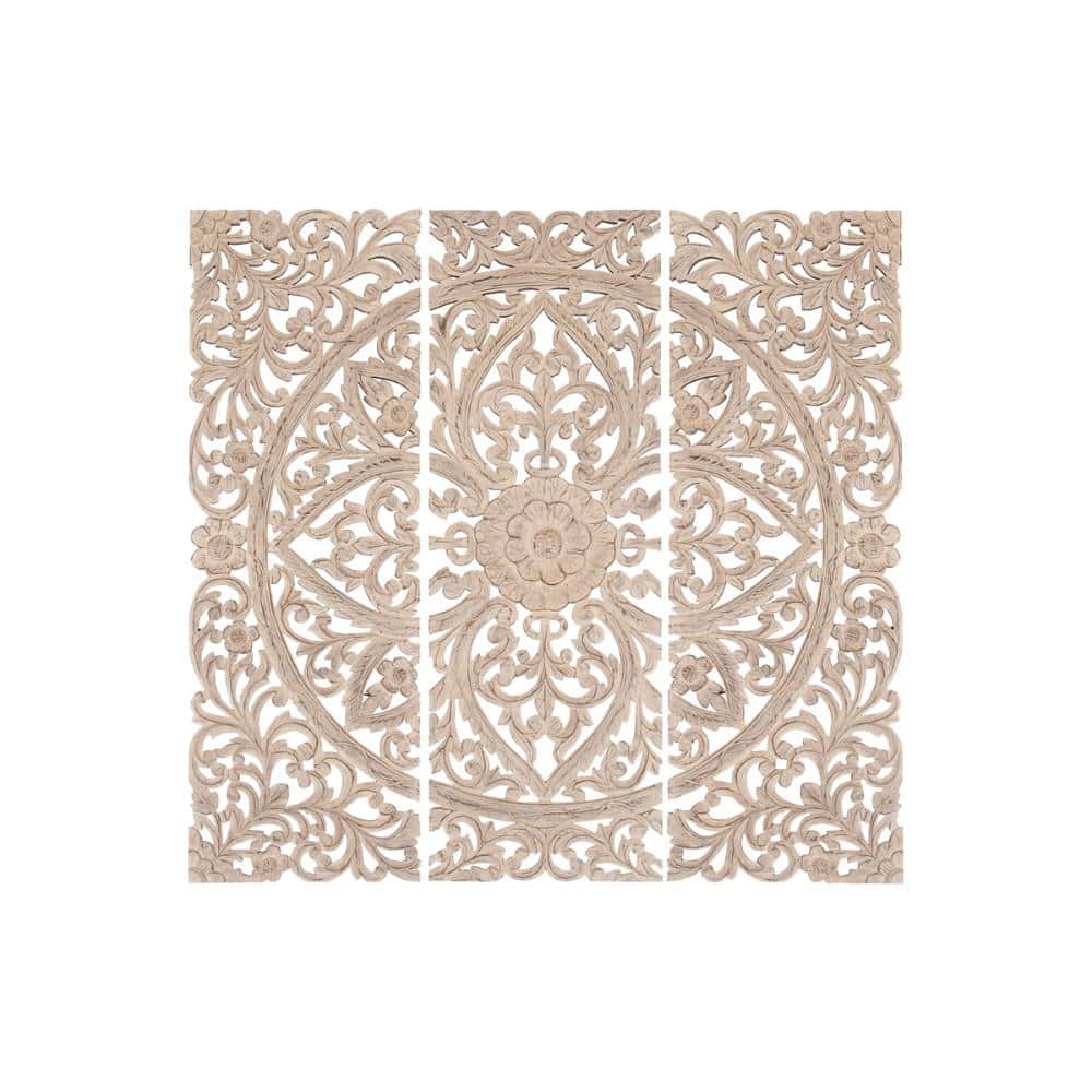 Antique White Floral Hand Carved Wooden Wall Plaque Set