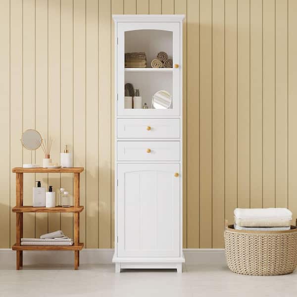 EPOWP 17.76 in. W x 14.21 in. D x 63 in. H Freestanding White Tall Linen Cabinet with Adjustable Shelves and Drawer in White