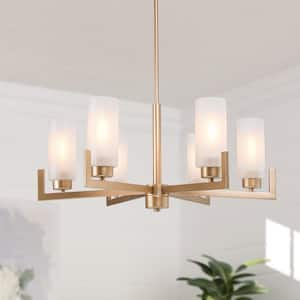 27.5 in. W 6-Light Gold Modern Farmhouse Chandelier Kitchen Island Chandelier with Frosted Glass Shades