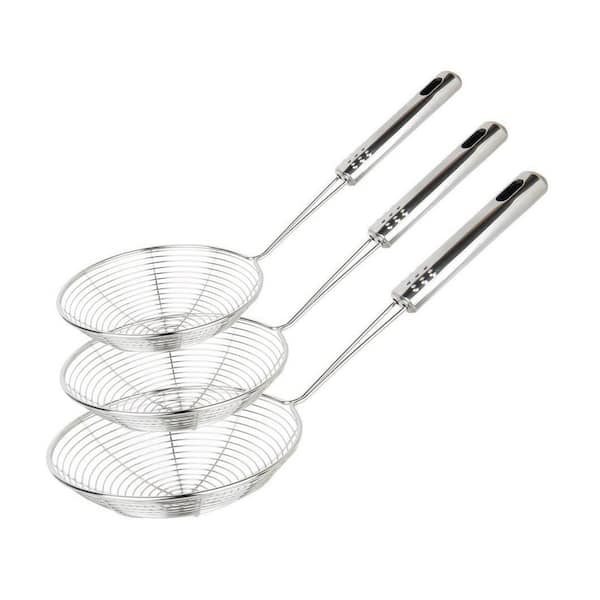 Kitchen Tools Stainless Steel Wire Skimmer Strainer Set with Long Handle and Hanging Loop for Frying Pasta Noodle