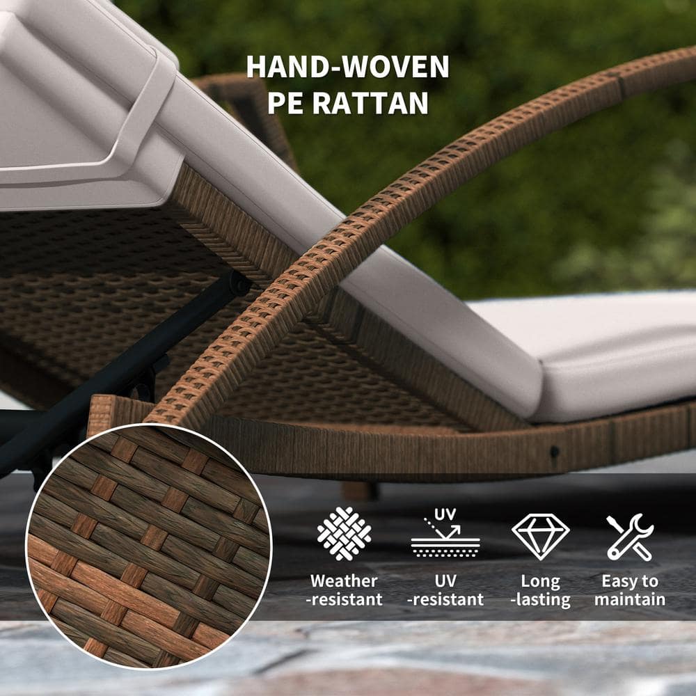 Beige Wicker Outdoor Chaise Lounge with Cushions and Wheels