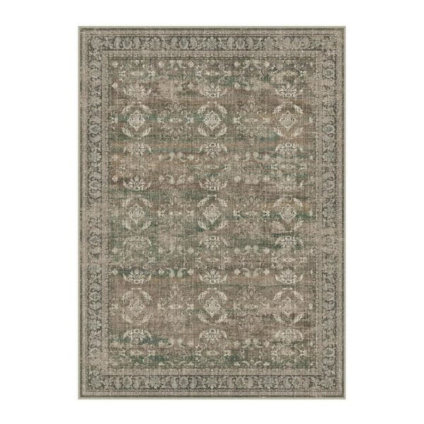 8 ft. x 10 ft. Brown Ivory And Green Floral Medallion Washable Area Rug