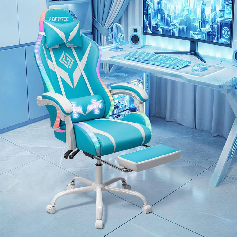 Faux Leather Gaming Chair with LED and Massage Ergonomic Computer Chair in Blue&White with Adjustable Arms price history on PriceWatchPro