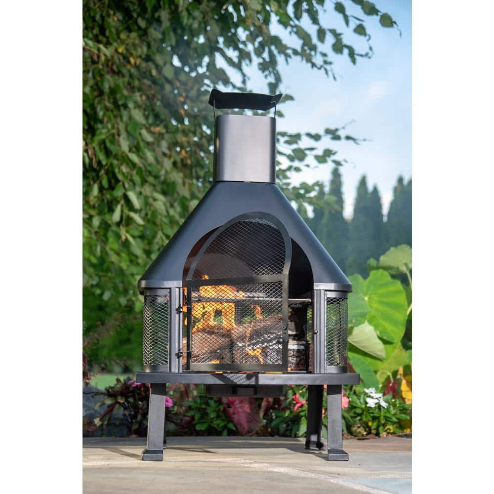 Black Steel Free-Standing Wood Burning Chimenea Fire Pit