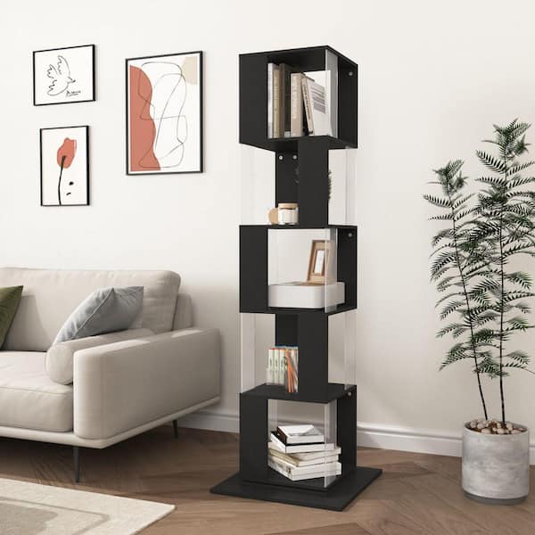 5-Tier Rotating Bookshelf, Floor Rack, Multi-Function Creative Bookshelf with Acrylic Plate, Anti-Toppling Base, Black