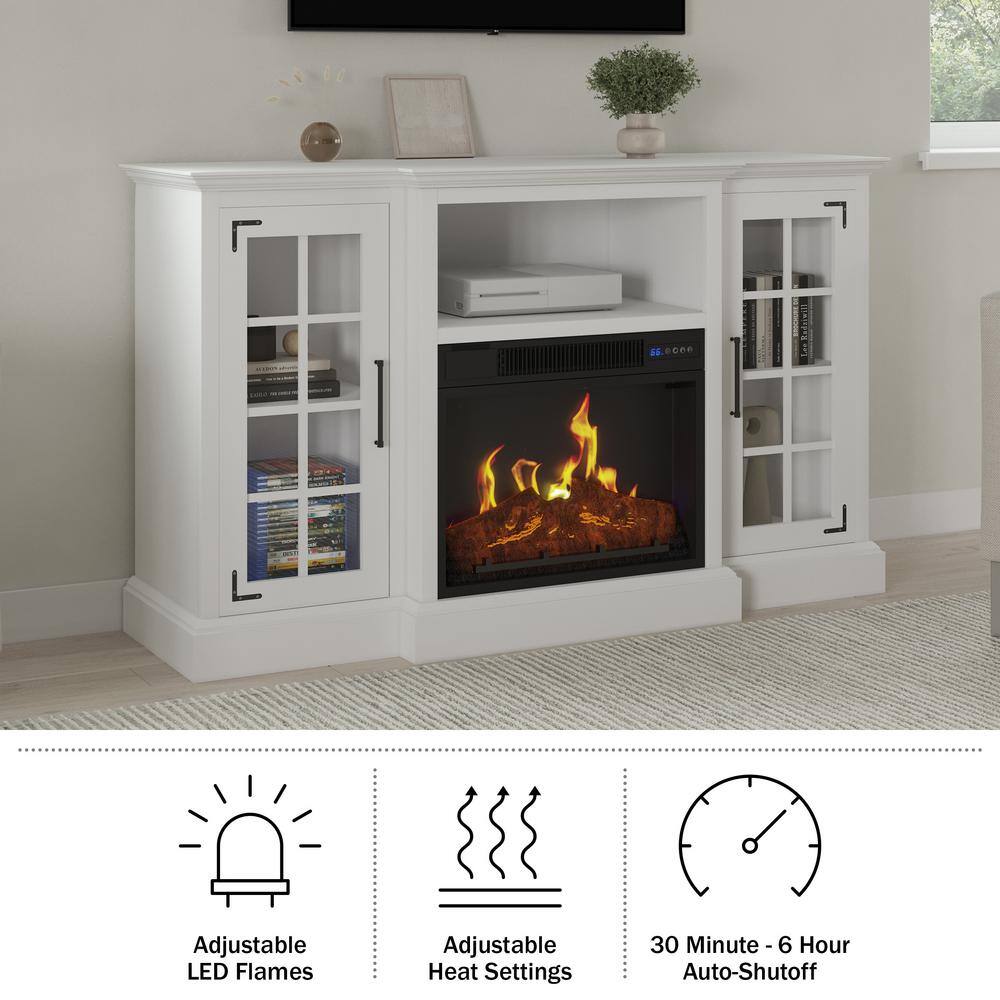 White 65-Inch TV Stand with Electric Fireplace and Cabinets