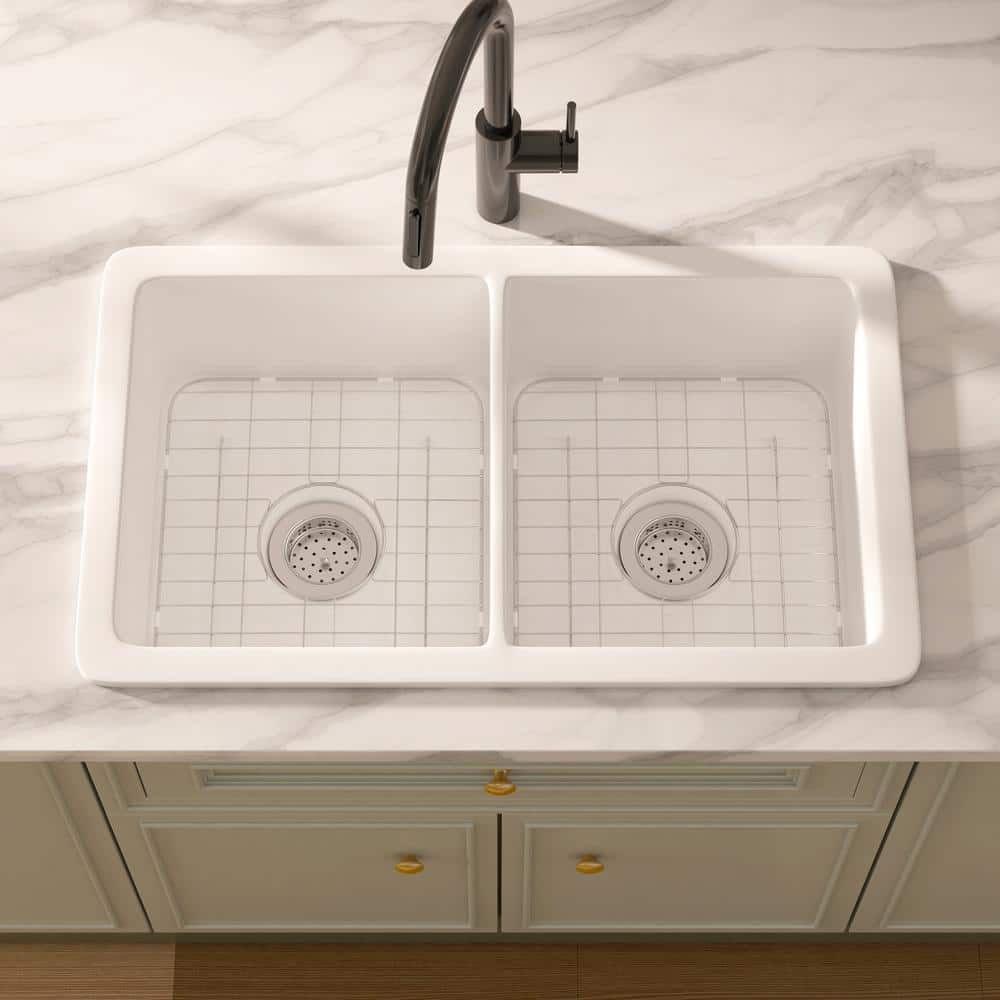 Oslo 32" White Fireclay Double Bowl Drop-In Kitchen Sink