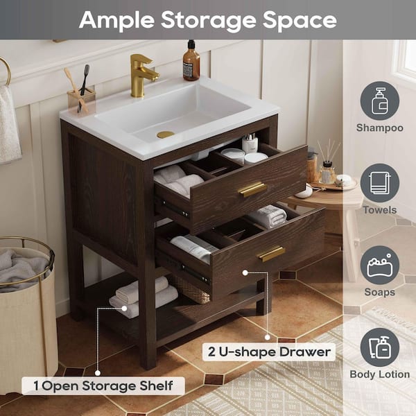 Magen 25 in. Single Sink Bath Vanity in Walnut with White Engineered Solid Surface Top and 2 Drawers (Unassembled)