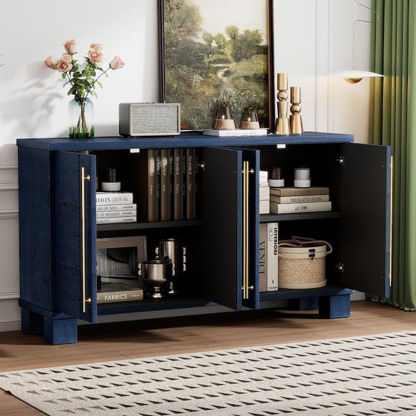 Antique Navy MDF 60 in. W Sideboard Buffet Cabinet with Storage, Adjustable Shelves and Gold Handles