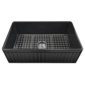 Luxury Matte Black Solid Fireclay 33 inch Single Bowl Farmhouse Apron Kitchen Sink with Grid and Drain