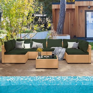 Yellow 7-Piece Wicker Patio Conversation Seating Set with Dark Green Cushions